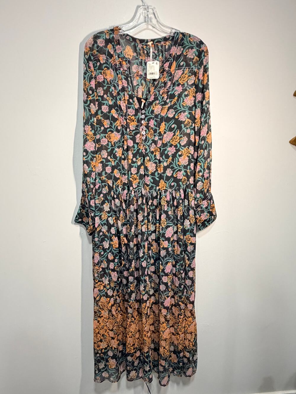 NWT Free People See It Through Maxi Dress Black Multi Floral + Slip Liner Size S